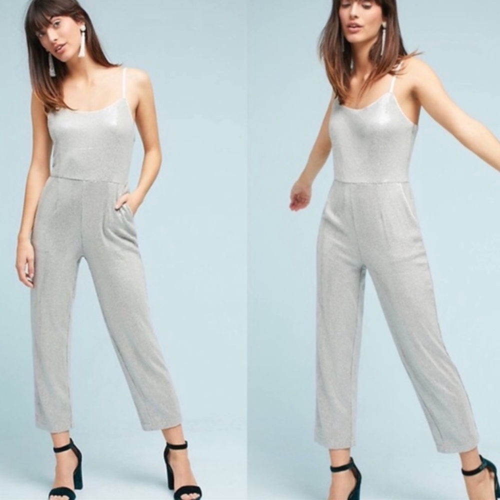 ANTHROPOLOGIE silver sequined jumpsuit